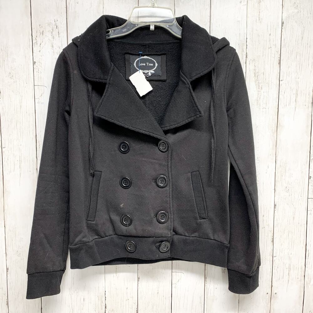 Love Tree Jacket Women Size Small Black Double Breasted Hooded Button Pea Coat